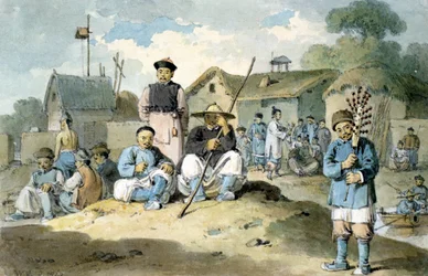 Un grupo de chinos en la orilla de un río, observando el paso de la embajada del Conde Macartney, 1793
